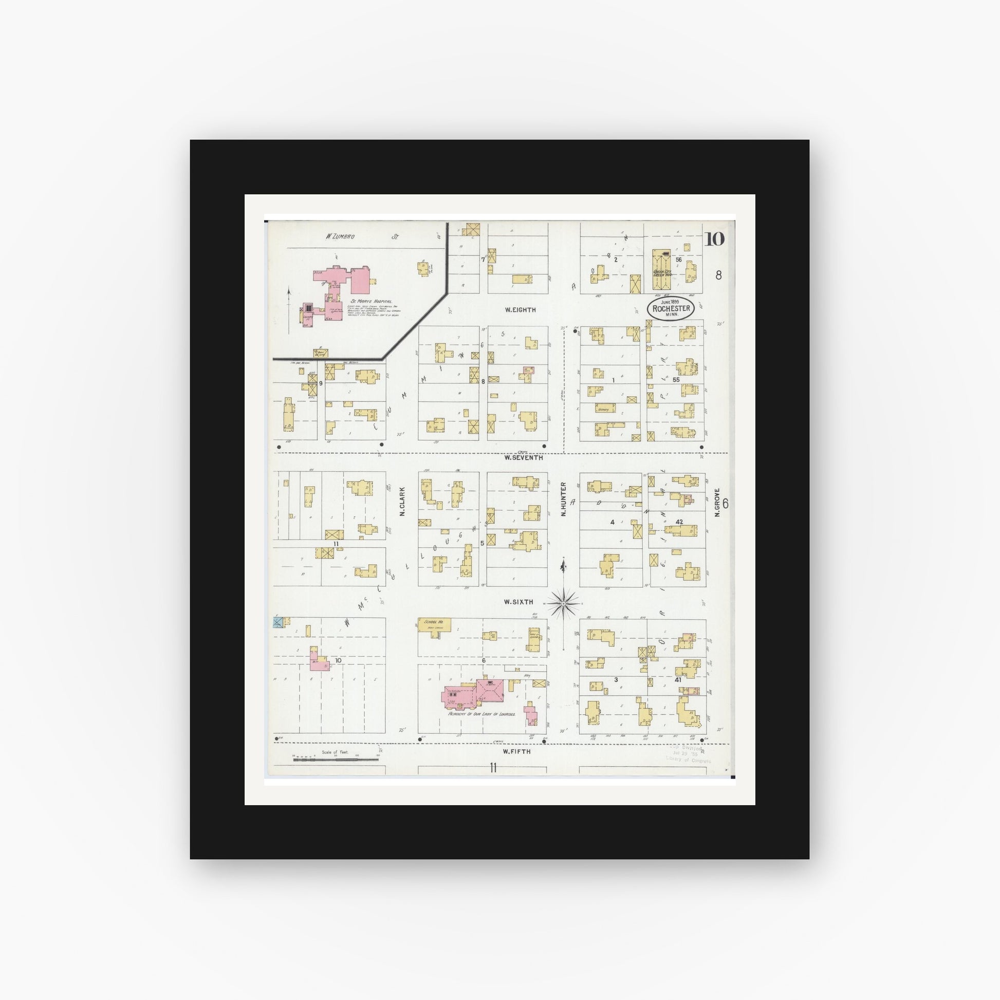 Old map wall art mockup — black gallery frame with white mat — Sanborn Fire Insurance Map from Rochester, Olmsted County, Minnesota (1899), Sheet #0010