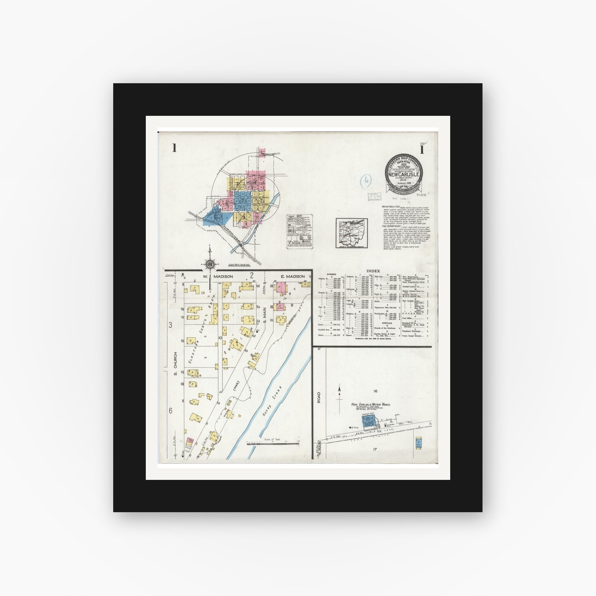 Old map wall art mockup — black gallery frame with white mat — Sanborn Fire Insurance Map from New Carlisle, Clarke County, Ohio (1926) - Complete Map Set