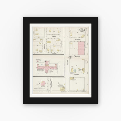 Old map wall art mockup — black gallery frame with white mat — Sanborn Fire Insurance Map from Terrell, Kaufman County, Texas (1888), Sheet #0005