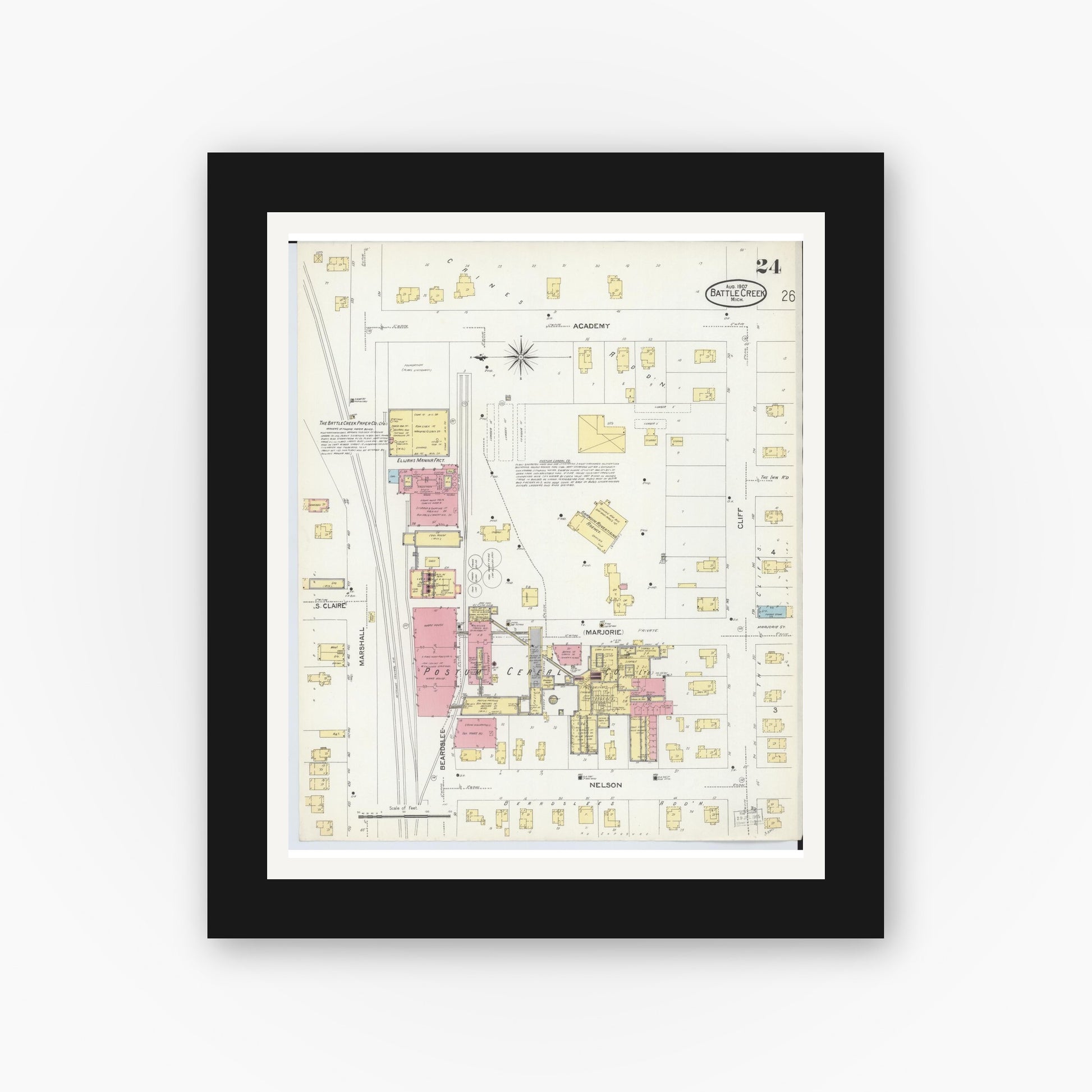 Old map wall art mockup — black gallery frame with white mat — Sanborn Fire Insurance Map from Battle Creek, Calhoun County, Michigan (1907), Sheet #0024