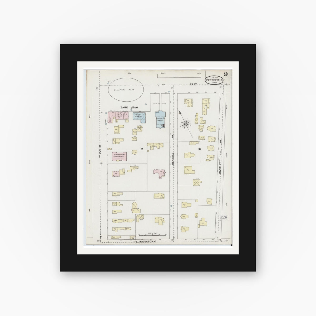 Old map wall art mockup — black gallery frame with white mat — Sanborn Fire Insurance Map from Pittsfield, Berkshire County, Massachusetts (1889), Sheet #0009