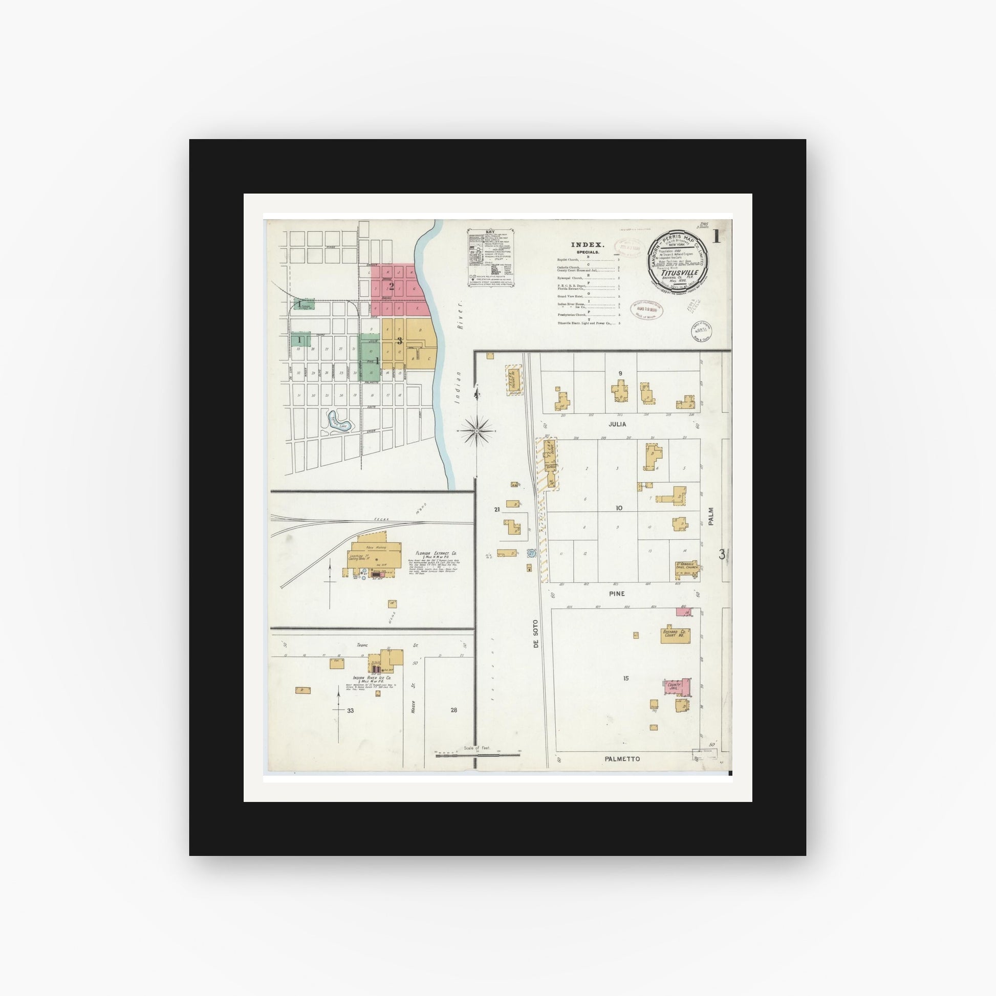 Old map wall art mockup — black gallery frame with white mat — Sanborn Fire Insurance Map from Titusville, Brevard County, Florida (1899) - Complete Map Set