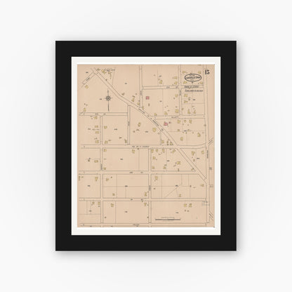 Old map wall art mockup — black gallery frame with white mat — Sanborn Fire Insurance Map from Leaksville-spray, Rockingham County, North Carolina (1921), Sheet #0015