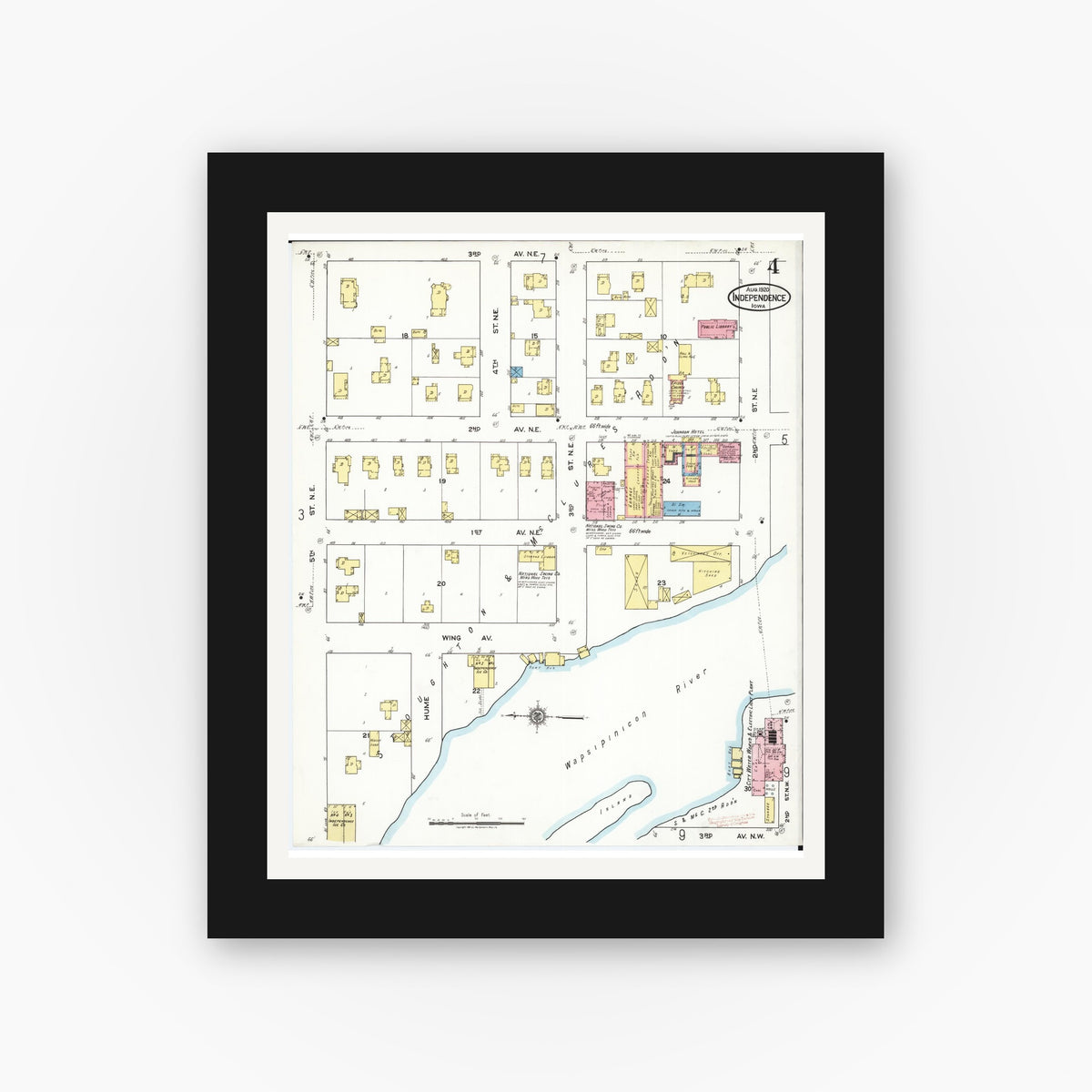 Old map wall art mockup — black gallery frame with white mat — Sanborn Fire Insurance Map from Independence, Buchanan County, Iowa (1920), Sheet #0004