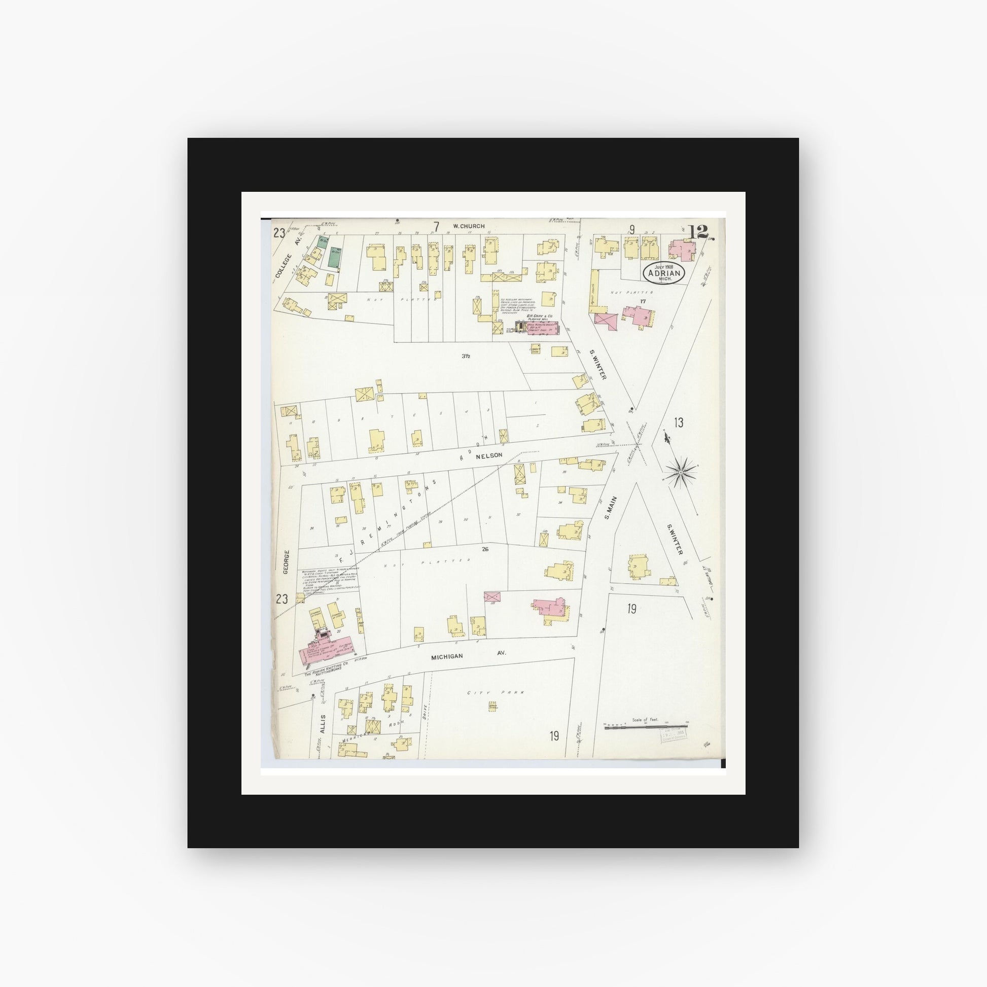 Old map wall art mockup — black gallery frame with white mat — Sanborn Fire Insurance Map from Adrian, Lenawee County, Michigan (1908), Sheet #0012