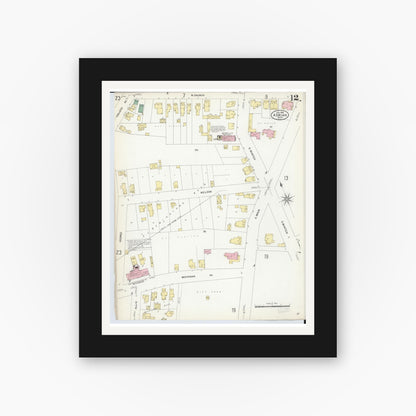 Old map wall art mockup — black gallery frame with white mat — Sanborn Fire Insurance Map from Adrian, Lenawee County, Michigan (1908), Sheet #0012