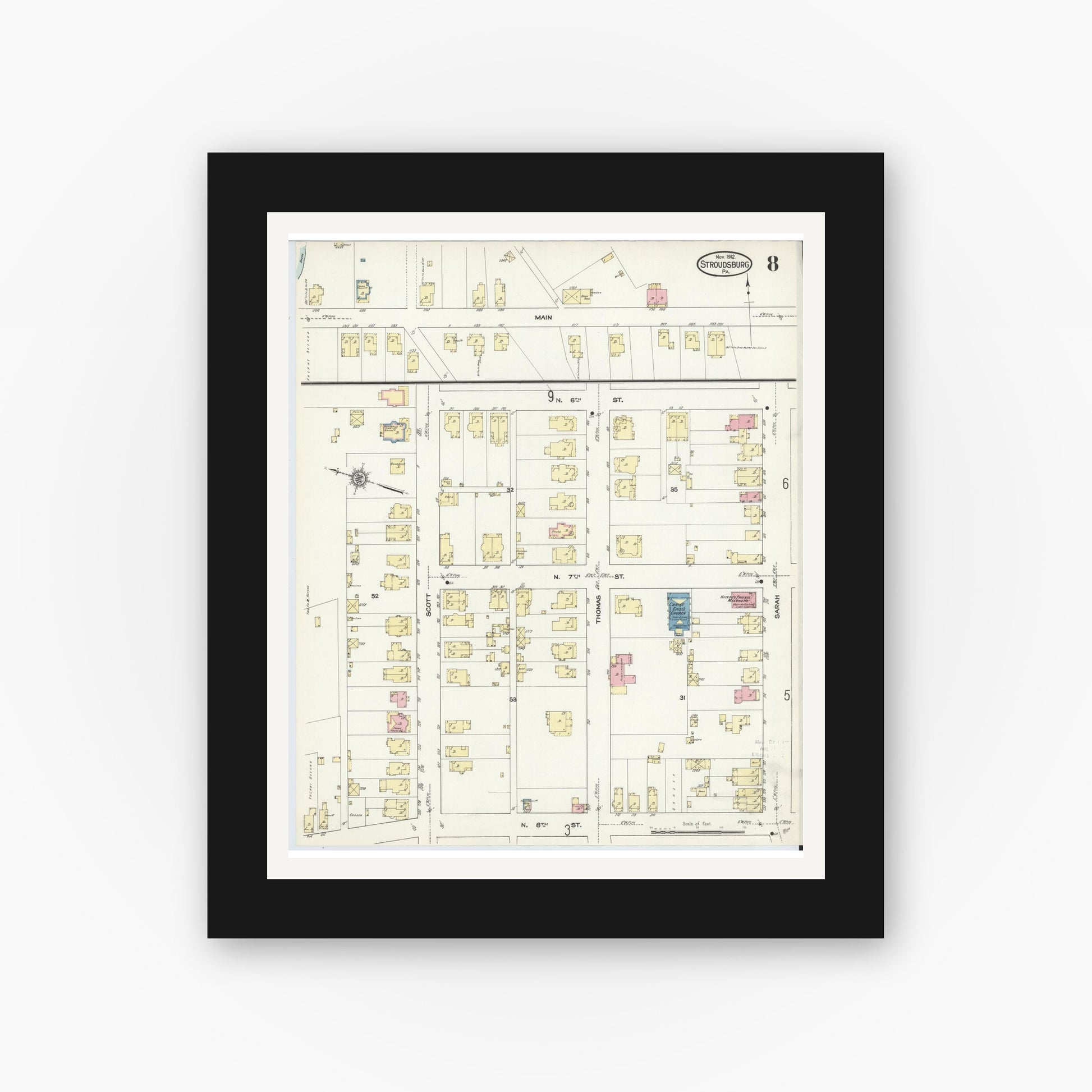 Old map wall art mockup — black gallery frame with white mat — Sanborn Fire Insurance Map from Stroudsburg, Monroe County, Pennsylvania (1912), Sheet #0008