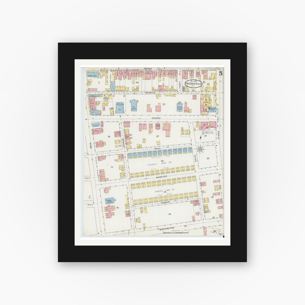 Old map wall art mockup — black gallery frame with white mat — Sanborn Fire Insurance Map from Phoenixville, Chester County, Pennsylvania (1894), Sheet #0005