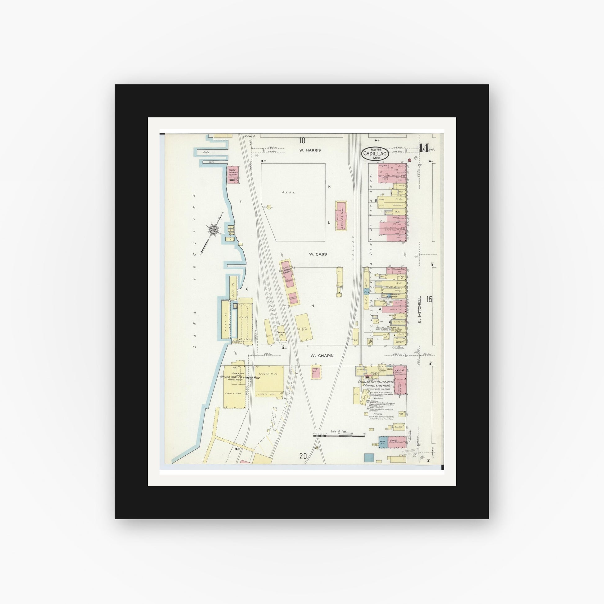 Old map wall art mockup — black gallery frame with white mat — Sanborn Fire Insurance Map from Cadillac, Wexford County, Michigan (1914), Sheet #0014