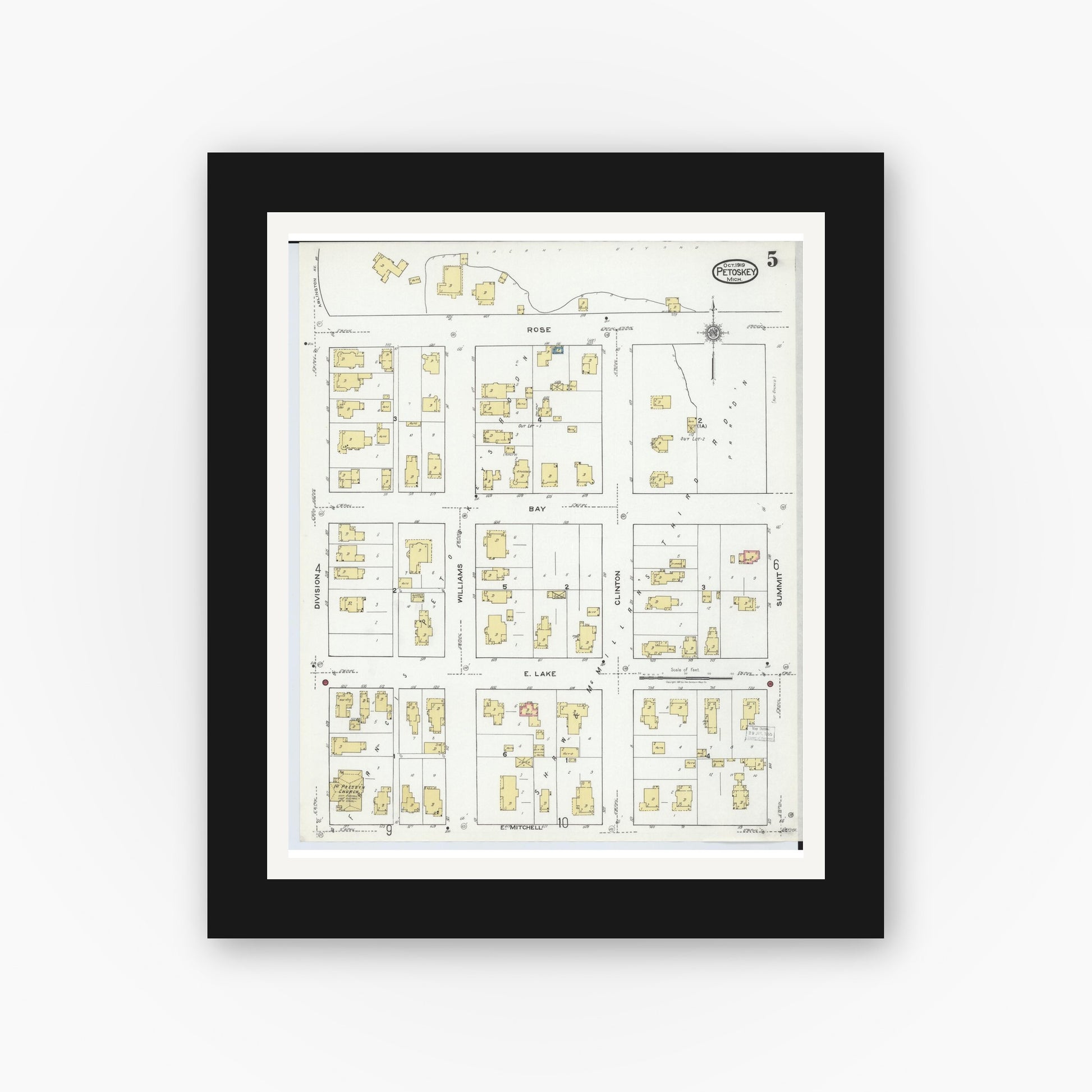 Old map wall art mockup — black gallery frame with white mat — Sanborn Fire Insurance Map from Petoskey, Emmet County, Michigan (1919), Sheet #0005