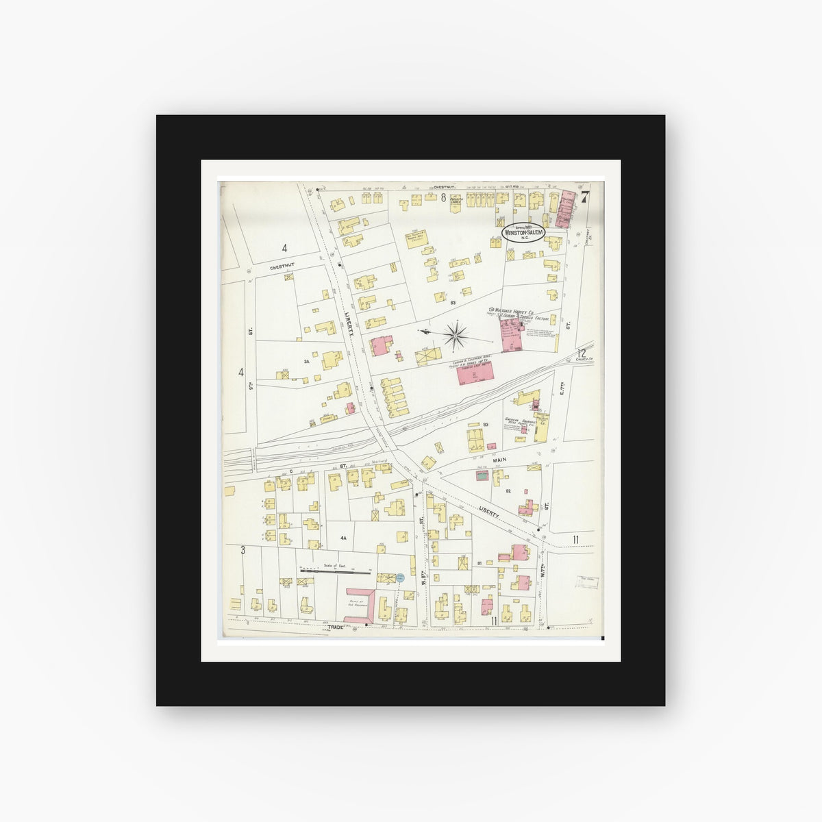Old map wall art mockup — black gallery frame with white mat — Sanborn Fire Insurance Map from Winston-Salem, Forsyth County, North Carolina (1907), Sheet #0007