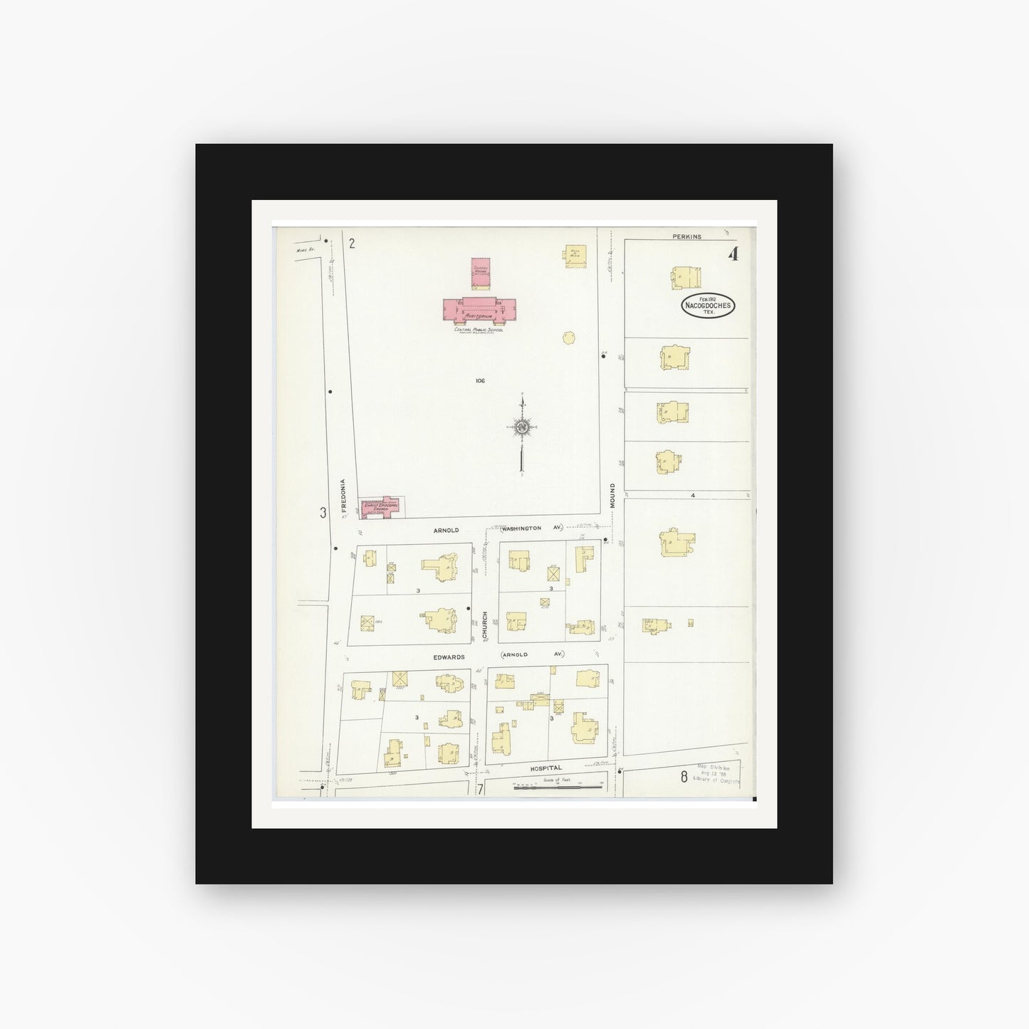Old map wall art mockup — black gallery frame with white mat — Sanborn Fire Insurance Map from Nacogdoches, Nacogdoches County, Texas (1912), Sheet #0004