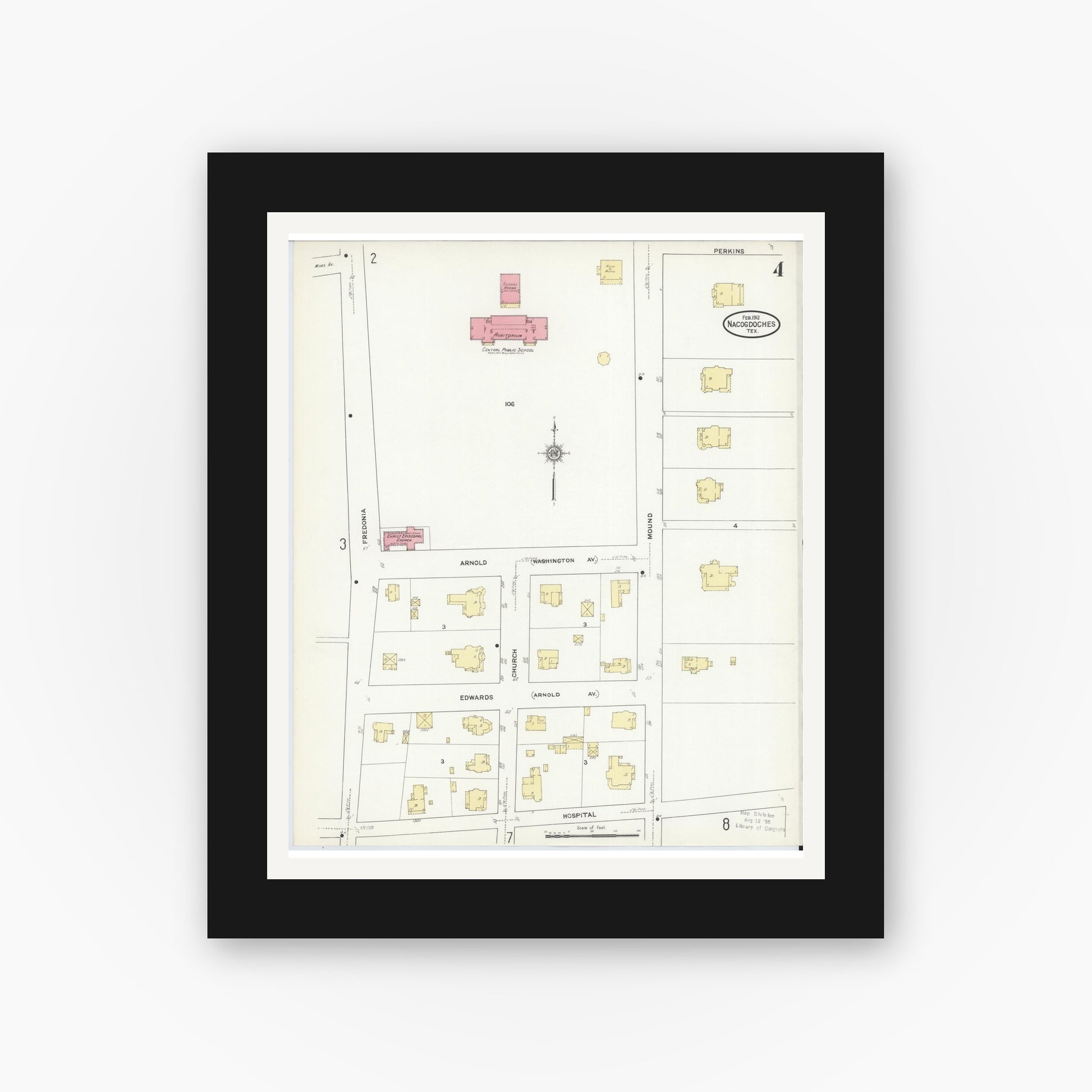 Old map wall art mockup — black gallery frame with white mat — Sanborn Fire Insurance Map from Nacogdoches, Nacogdoches County, Texas (1912), Sheet #0004