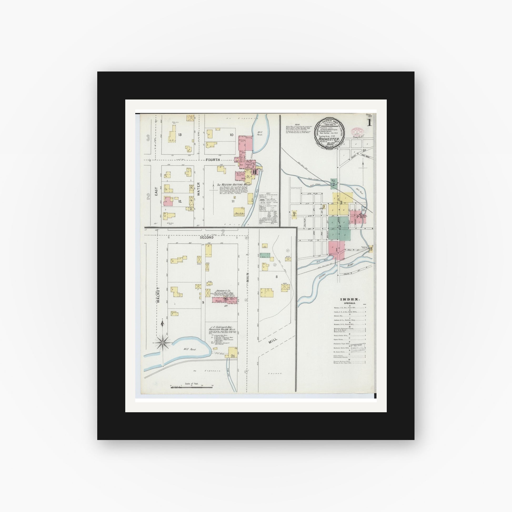 Old map wall art mockup — black gallery frame with white mat — Sanborn Fire Insurance Map from Rochester, Oakland County, Michigan (1895) - Complete Map Set