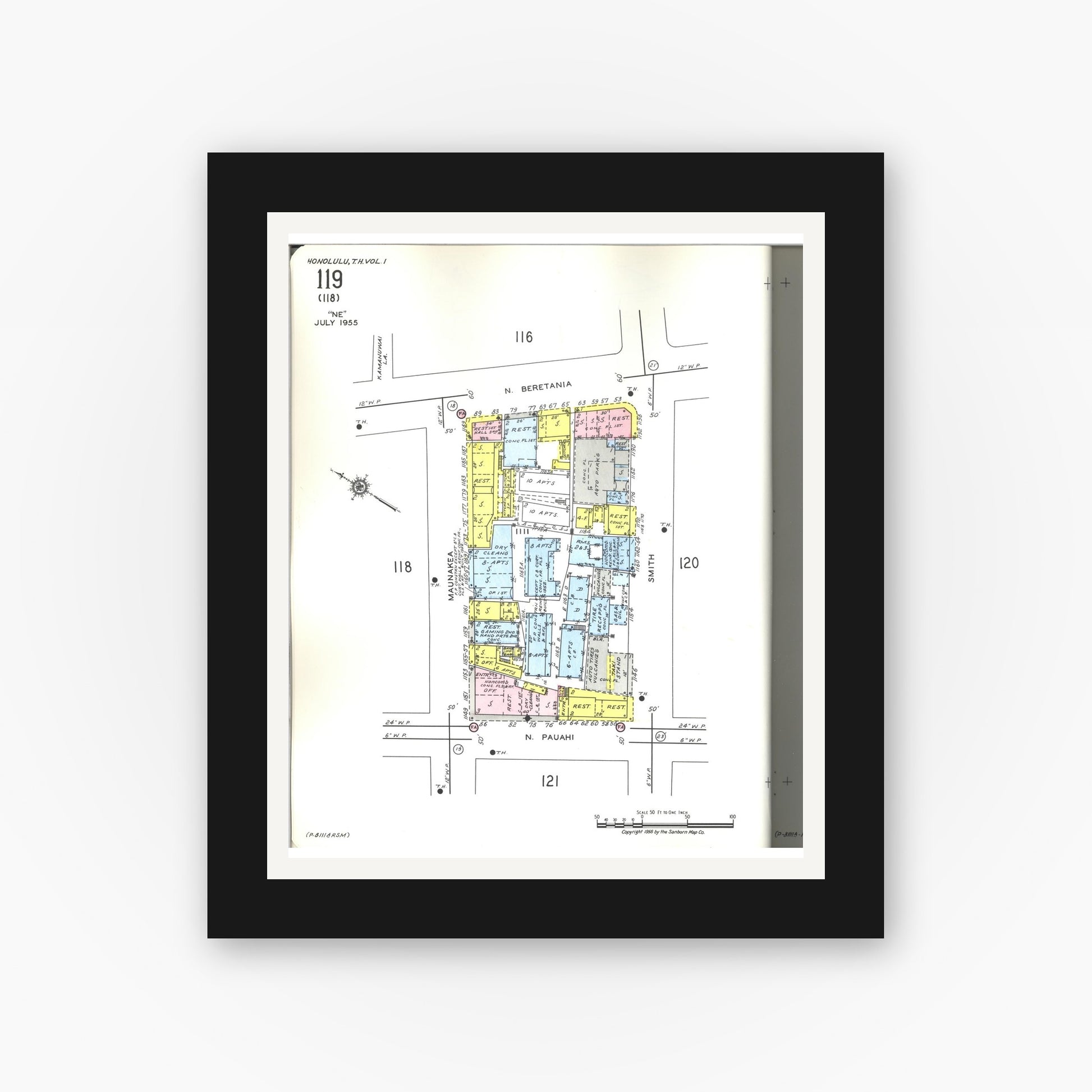 Old map wall art mockup — black gallery frame with white mat — Sanborn Fire Insurance Map from Honolulu, Oahu County, Hawaii (1955), Sheet #0119