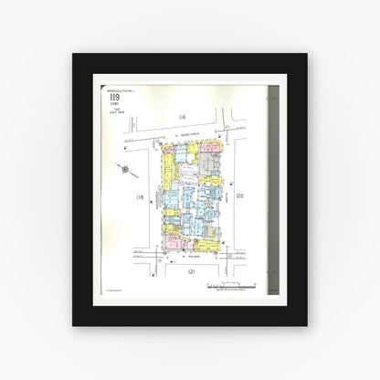 Old map wall art mockup — black gallery frame with white mat — Sanborn Fire Insurance Map from Honolulu, Oahu County, Hawaii (1955), Sheet #0119