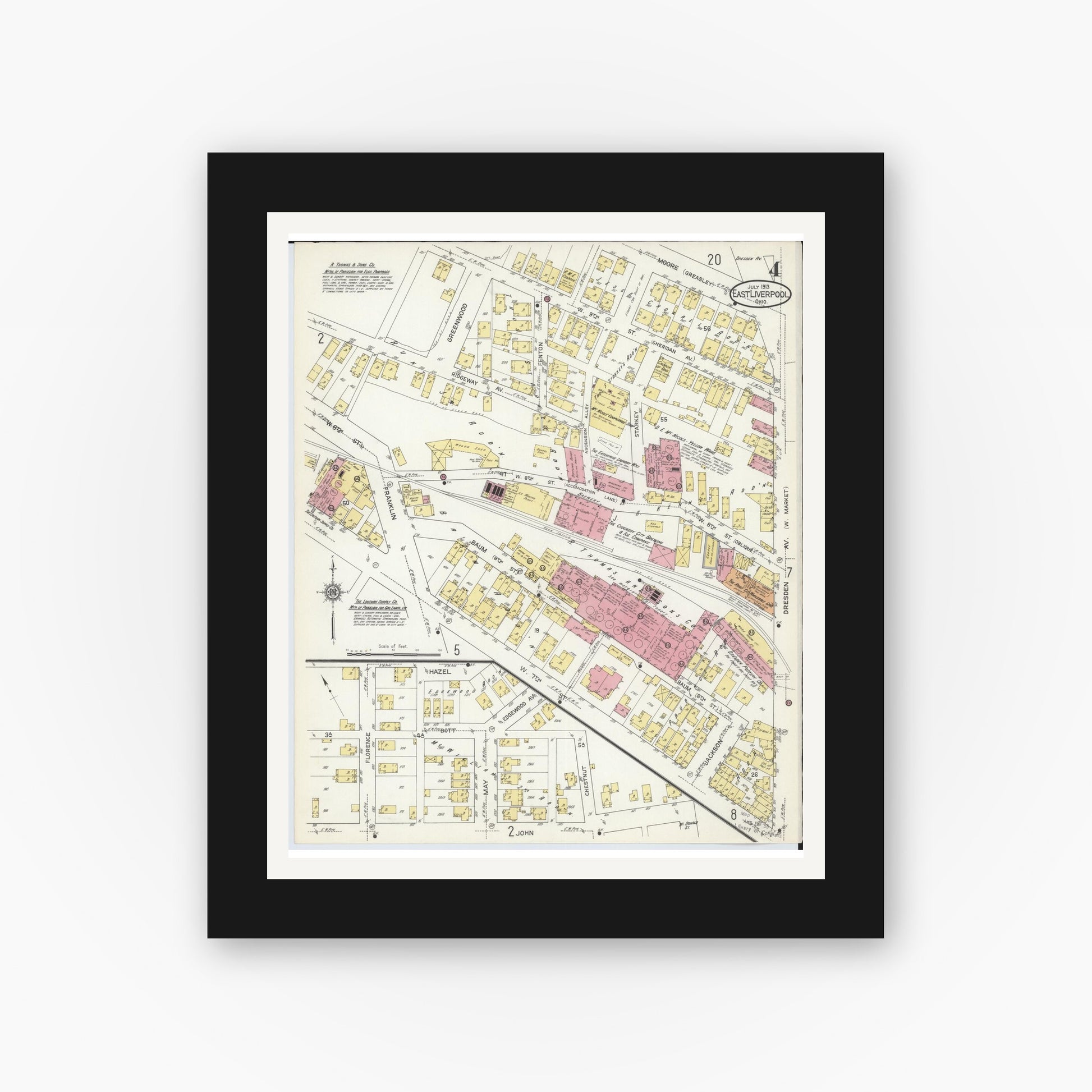 Old map wall art mockup — black gallery frame with white mat — Sanborn Fire Insurance Map from East Liverpool, Columbiana County, Ohio (1913), Sheet #0004