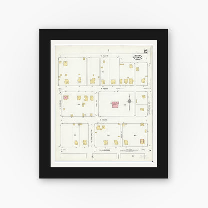 Old map wall art mockup — black gallery frame with white mat — Sanborn Fire Insurance Map from Vernon, Wilbarger County, Texas (1920), Sheet #0012