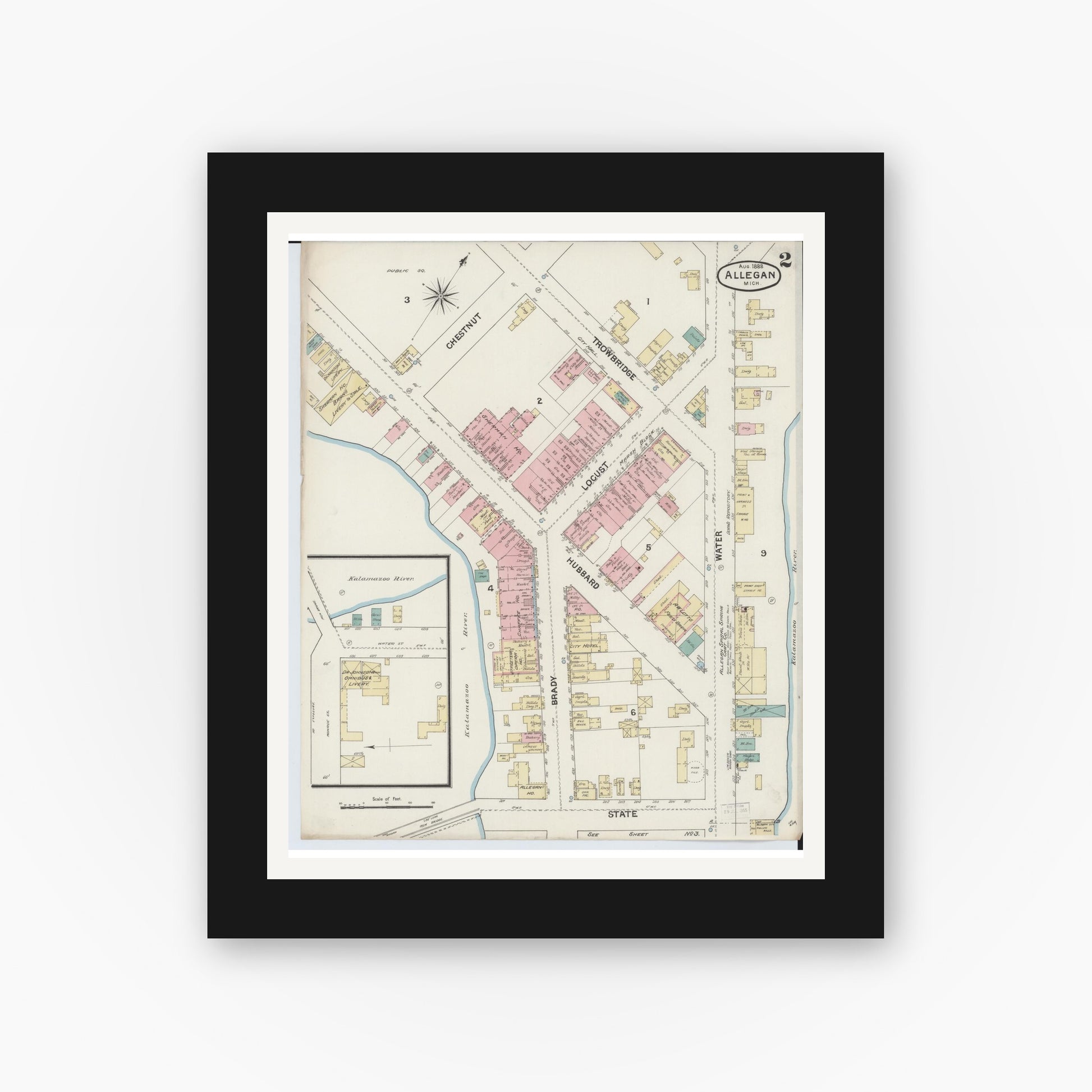 Old map wall art mockup — black gallery frame with white mat — Sanborn Fire Insurance Map from Allegan, Allegan County, Michigan (1888), Sheet #0002