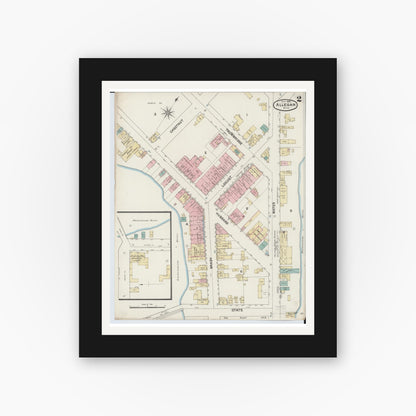Old map wall art mockup — black gallery frame with white mat — Sanborn Fire Insurance Map from Allegan, Allegan County, Michigan (1888), Sheet #0002