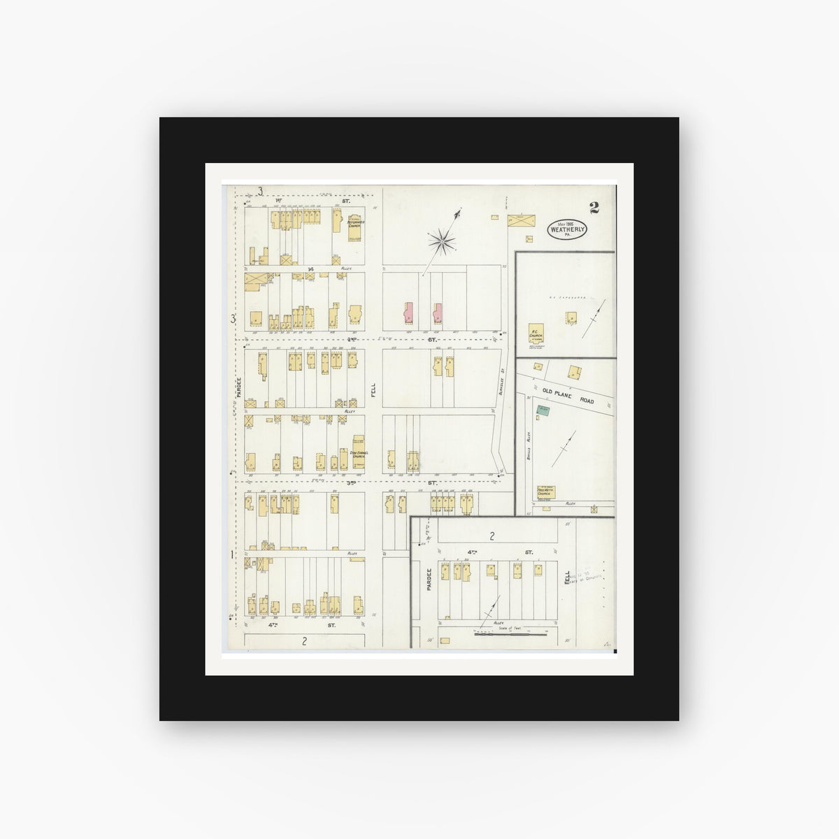Old map wall art mockup — black gallery frame with white mat — Sanborn Fire Insurance Map from Weatherly, Carbon County, Pennsylvania (1905), Sheet #0002
