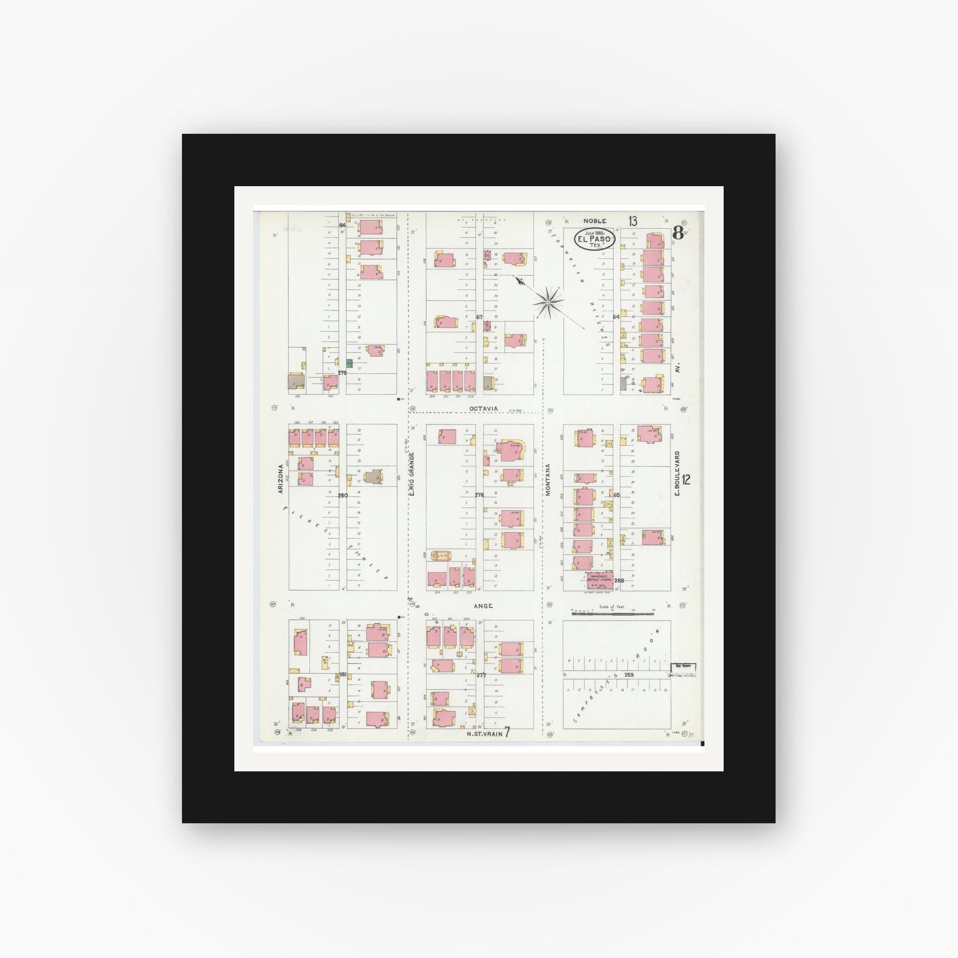 Old map wall art mockup — black gallery frame with white mat — Sanborn Fire Insurance Map from El Paso, El Paso County, Texas (1905), Sheet #0008