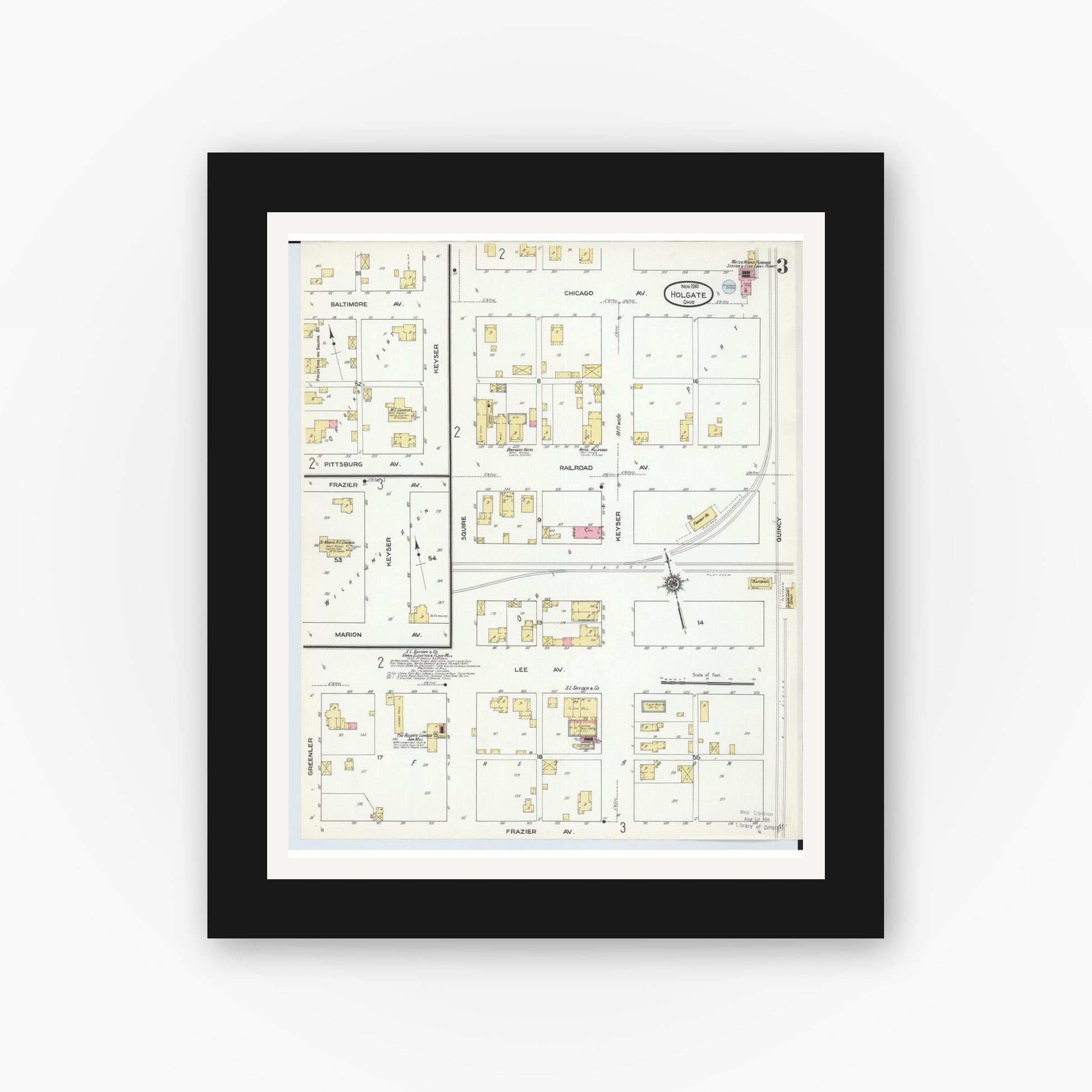 Old map wall art mockup — black gallery frame with white mat — Sanborn Fire Insurance Map from Holgate, Henry County, Ohio (1910), Sheet #0003