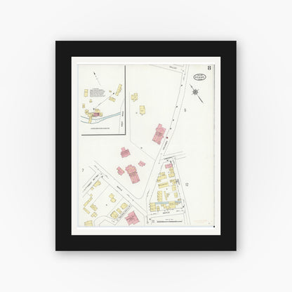 Old map wall art mockup — black gallery frame with white mat — Sanborn Fire Insurance Map from Adams, Berkshire County, Massachusetts (1914), Sheet #0008