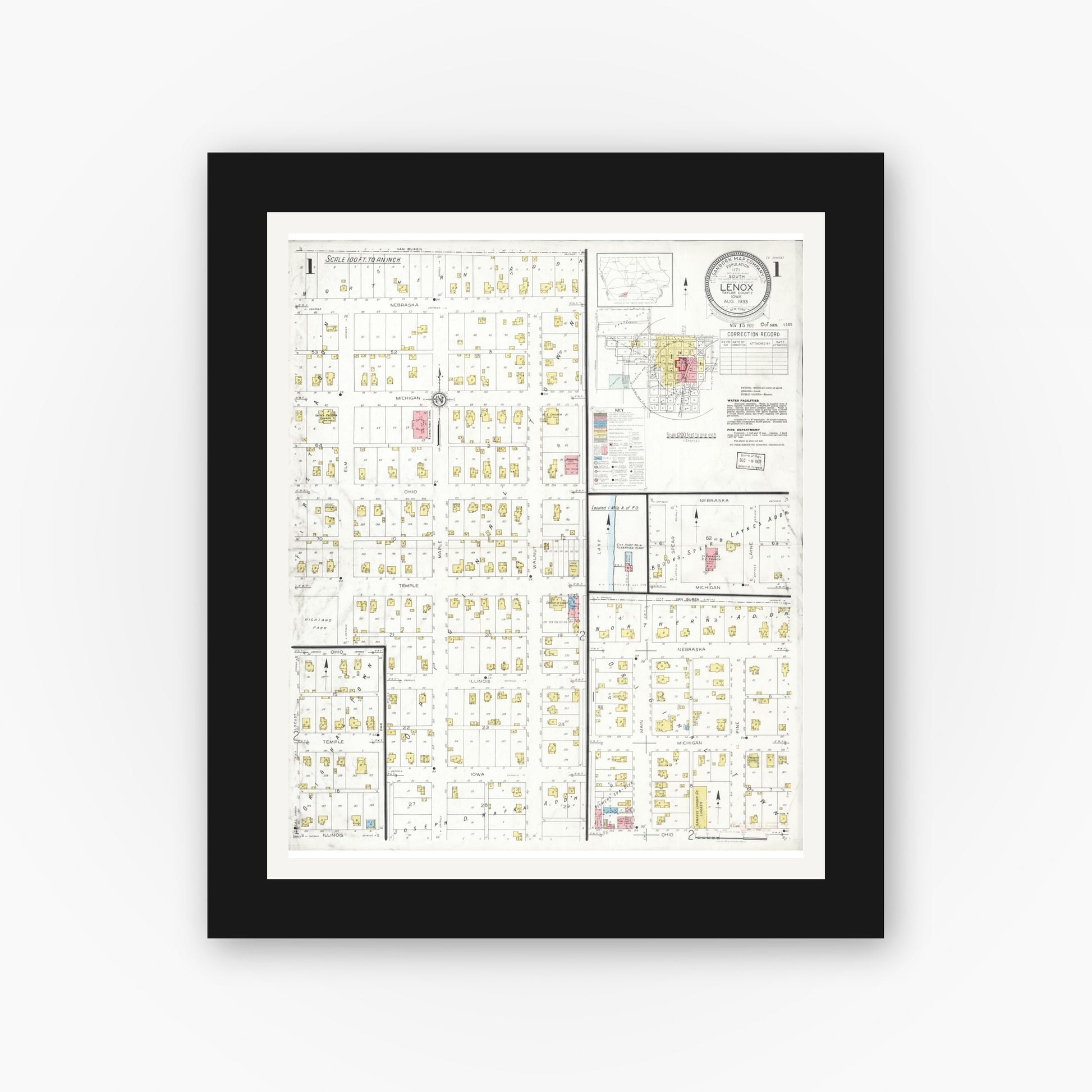 Old map wall art mockup — black gallery frame with white mat — Sanborn Fire Insurance Map from Lenox, Taylor County, Iowa (1933), Sheet #0001