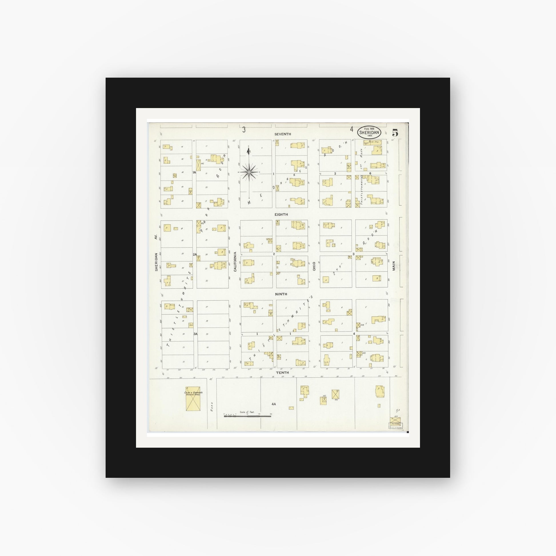 Old map wall art mockup — black gallery frame with white mat — Sanborn Fire Insurance Map from Sheridan, Hamilton County, Indiana (1909), Sheet #0005