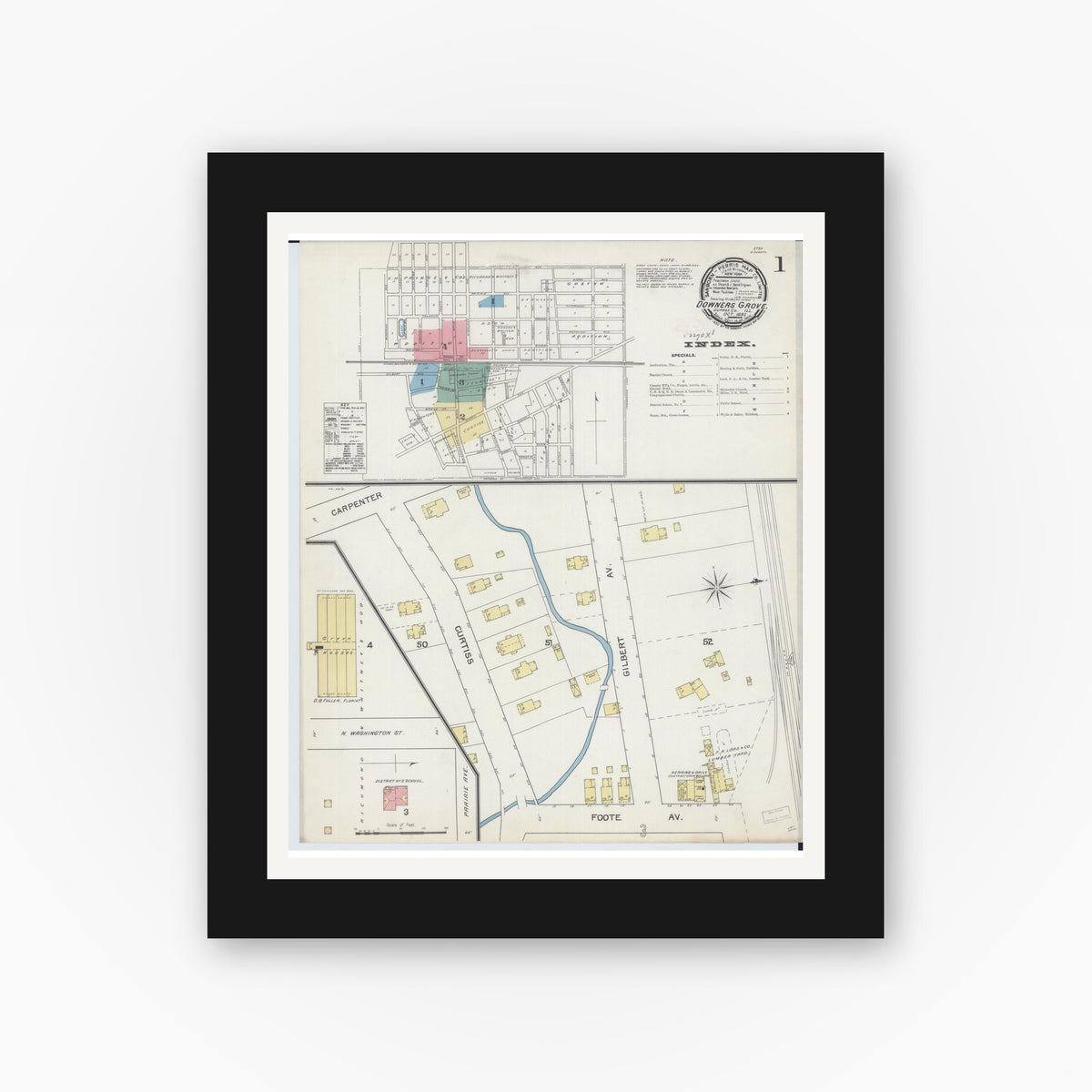 Old map wall art mockup — black gallery frame with white mat — Sanborn Fire Insurance Map from Downers Grove, Dupage County, Illinois (1892) - Complete Map Set