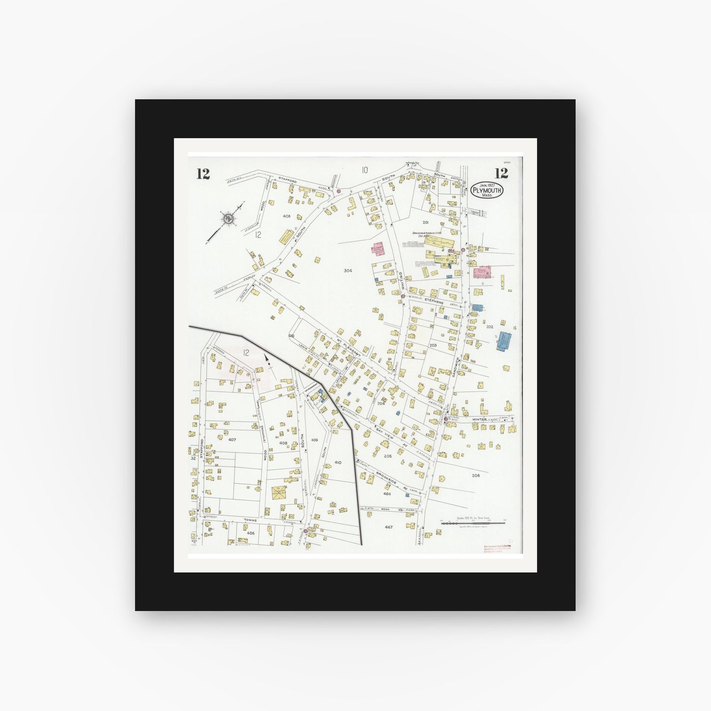 Old map wall art mockup — black gallery frame with white mat — Sanborn Fire Insurance Map from Plymouth, Plymouth County, Massachusetts (1927), Sheet #0012