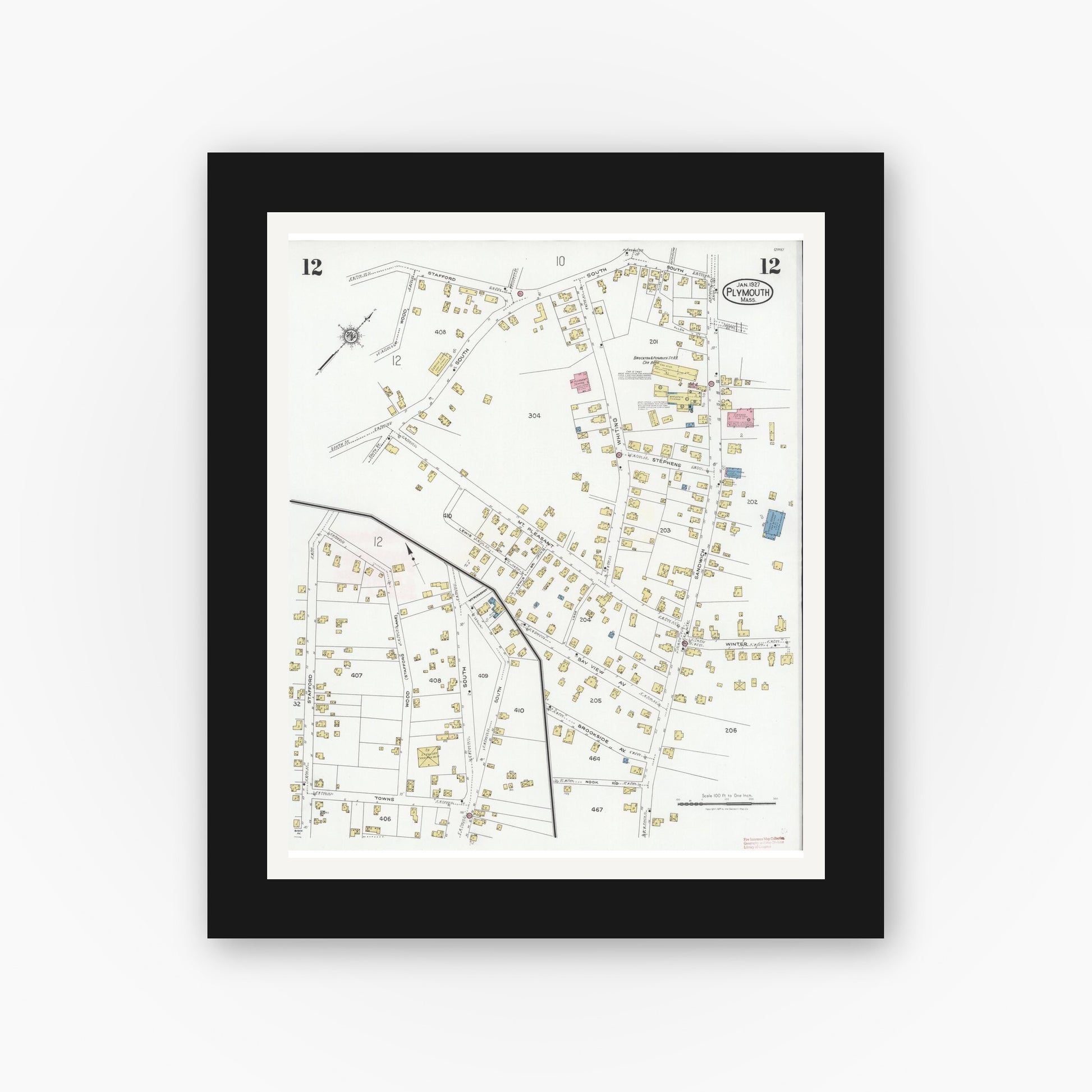 Old map wall art mockup — black gallery frame with white mat — Sanborn Fire Insurance Map from Plymouth, Plymouth County, Massachusetts (1927), Sheet #0012