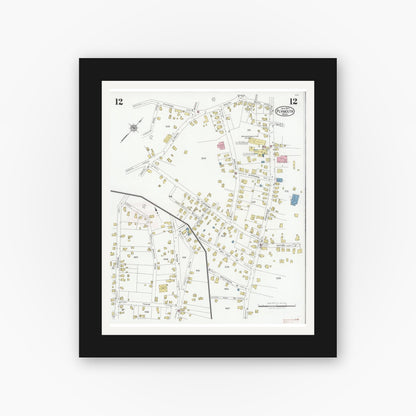 Old map wall art mockup — black gallery frame with white mat — Sanborn Fire Insurance Map from Plymouth, Plymouth County, Massachusetts (1927), Sheet #0012