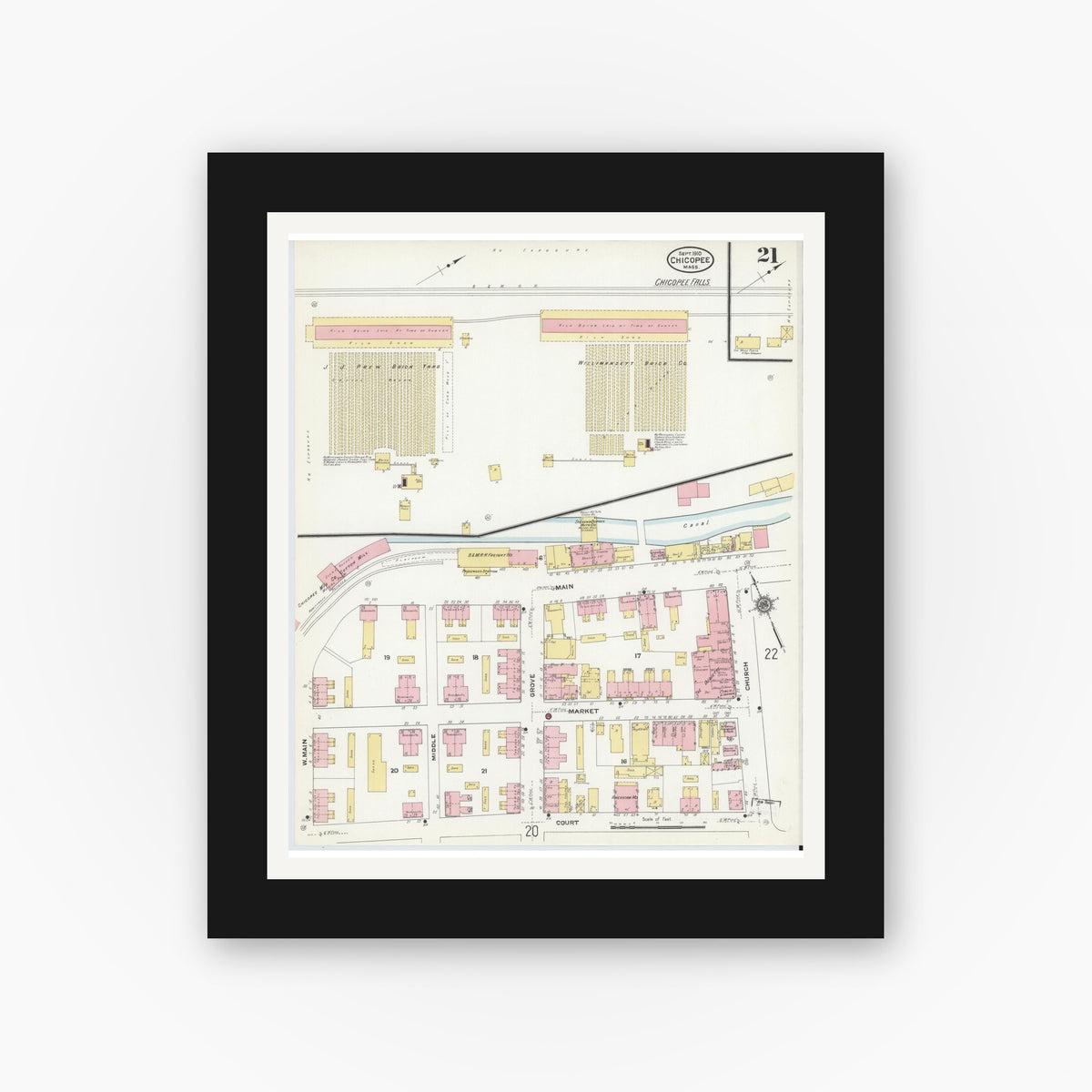 Old map wall art mockup — black gallery frame with white mat — Sanborn Fire Insurance Map from Chicopee, Hampden County, Massachusetts (1910), Sheet #0021
