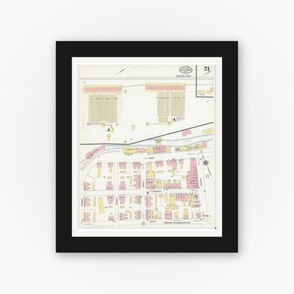 Old map wall art mockup — black gallery frame with white mat — Sanborn Fire Insurance Map from Chicopee, Hampden County, Massachusetts (1910), Sheet #0021