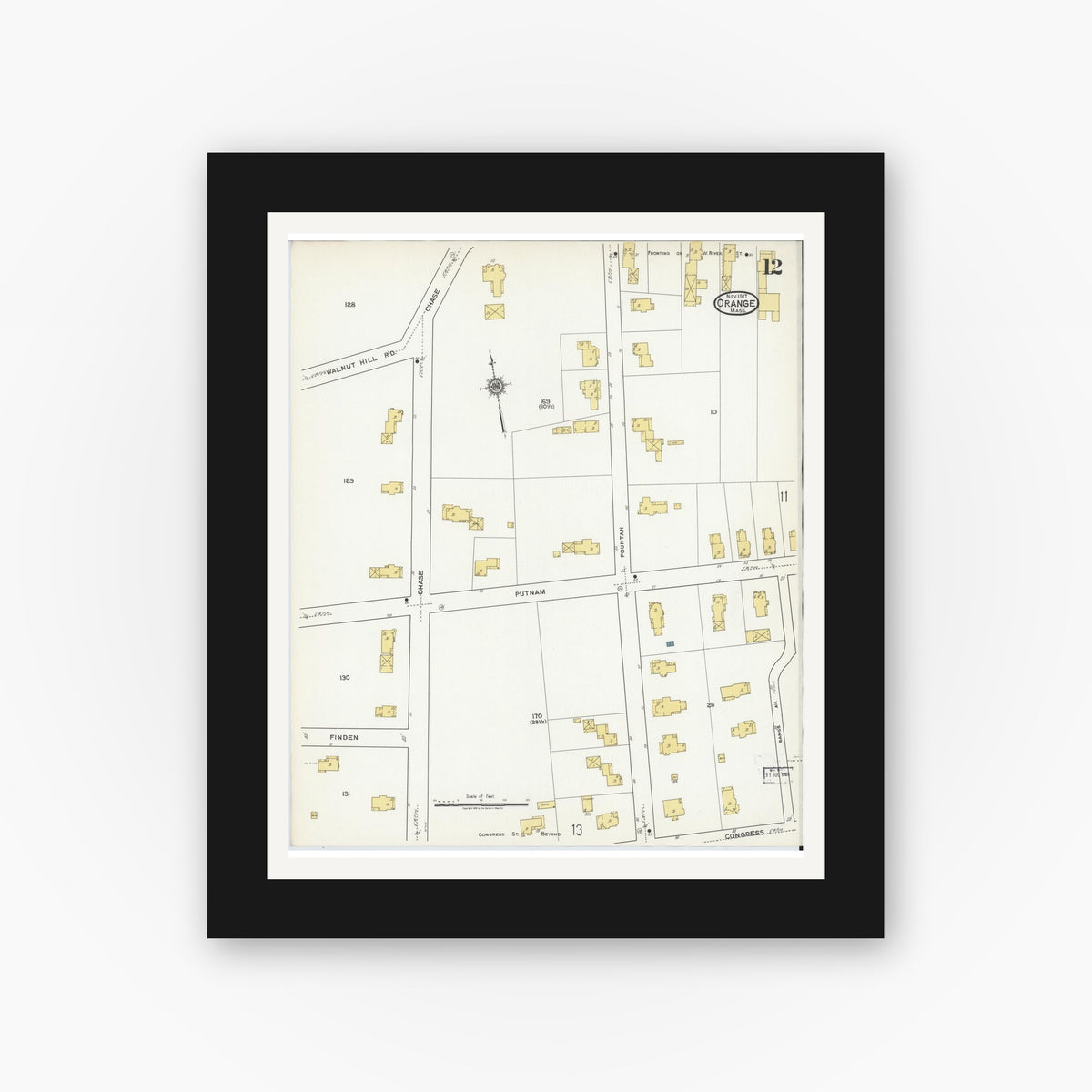 Old map wall art mockup — black gallery frame with white mat — Sanborn Fire Insurance Map from Orange, Franklin County, Massachusetts (1917), Sheet #0012