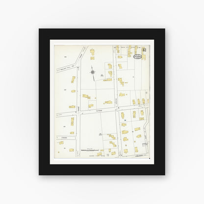 Old map wall art mockup — black gallery frame with white mat — Sanborn Fire Insurance Map from Orange, Franklin County, Massachusetts (1917), Sheet #0012