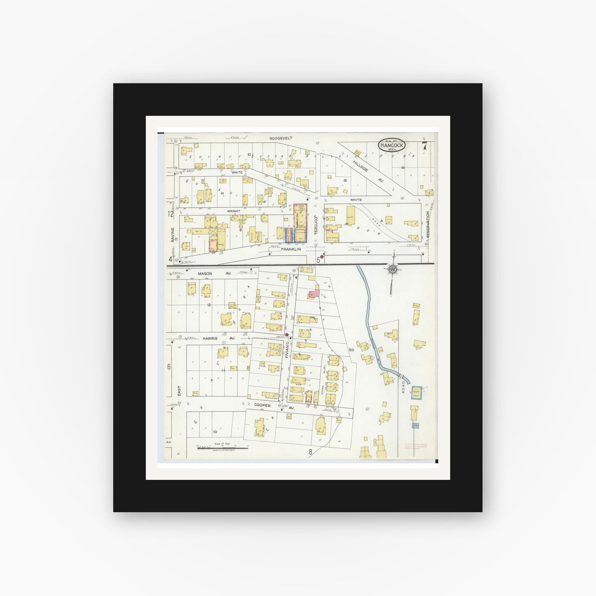 Old map wall art mockup — black gallery frame with white mat — Sanborn Fire Insurance Map from Hancock, Houghton County, Michigan (1917), Sheet #0007