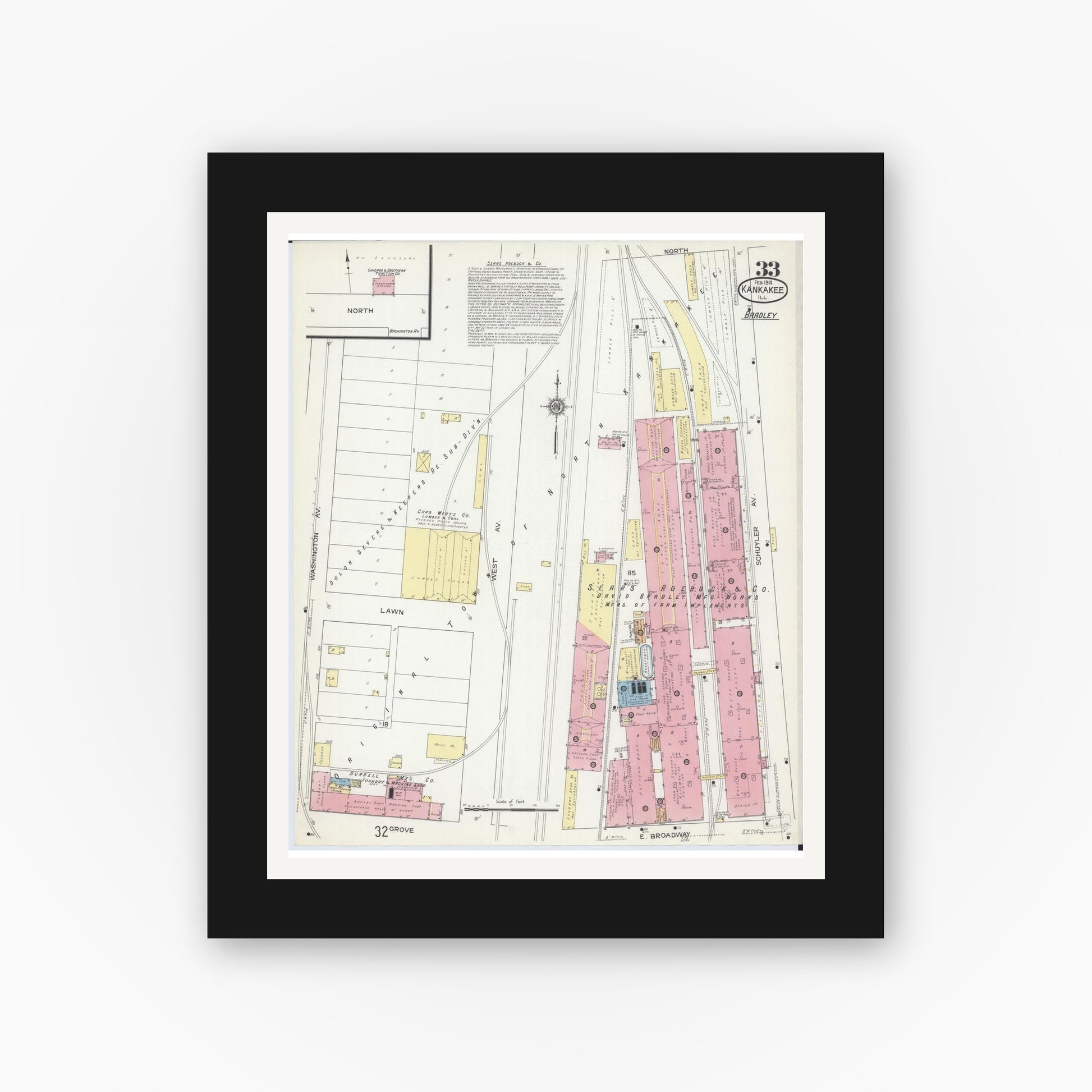 Old map wall art mockup — black gallery frame with white mat — Sanborn Fire Insurance Map from Kankakee, Kankakee County, Illinois (1914), Sheet #0033