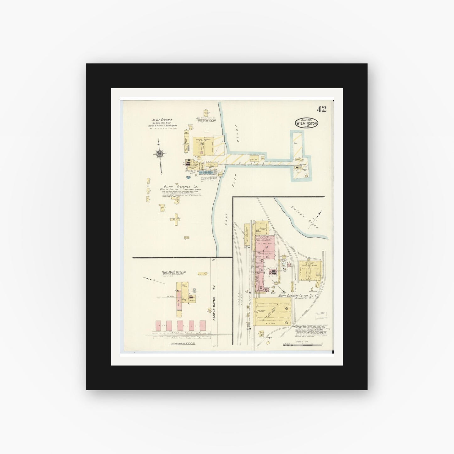 Old map wall art mockup — black gallery frame with white mat — Sanborn Fire Insurance Map from Wilmington, New Hanover County, North Carolina (1910), Sheet #0042