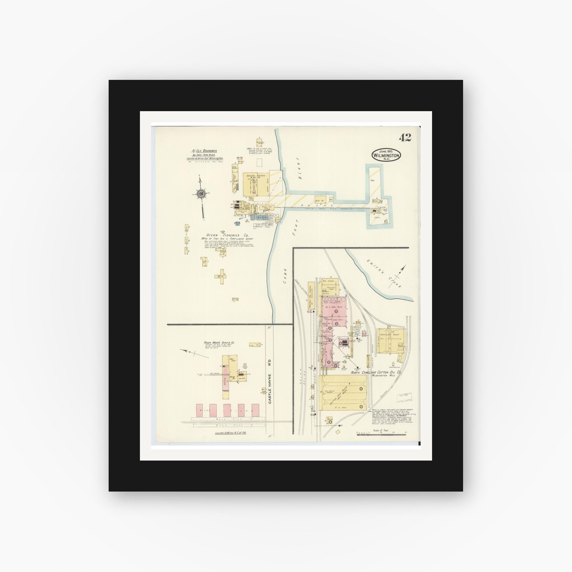 Old map wall art mockup — black gallery frame with white mat — Sanborn Fire Insurance Map from Wilmington, New Hanover County, North Carolina (1910), Sheet #0042