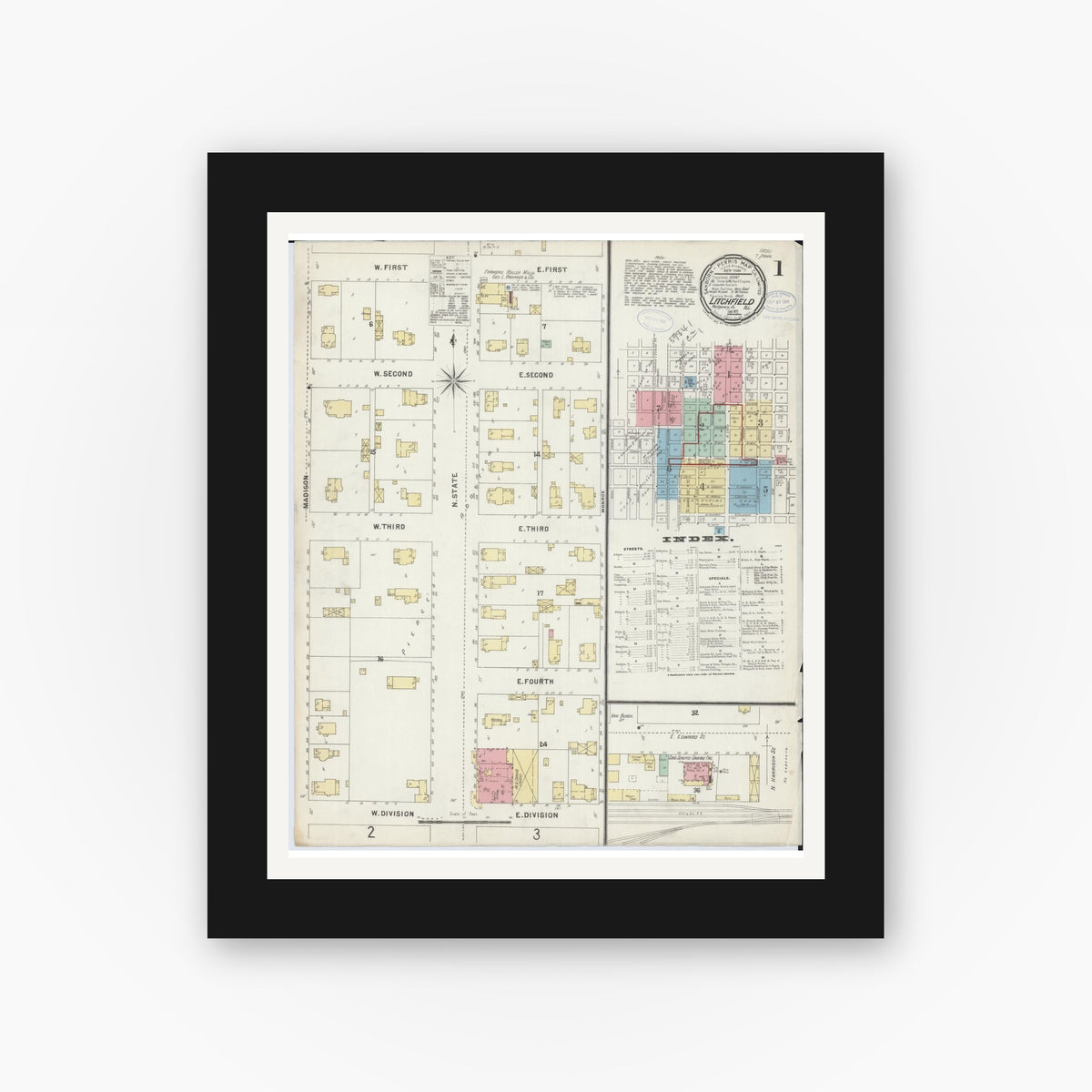 Old map wall art mockup — black gallery frame with white mat — Sanborn Fire Insurance Map from Litchfield, Montgomery County, Illinois (1897), Sheet #0001