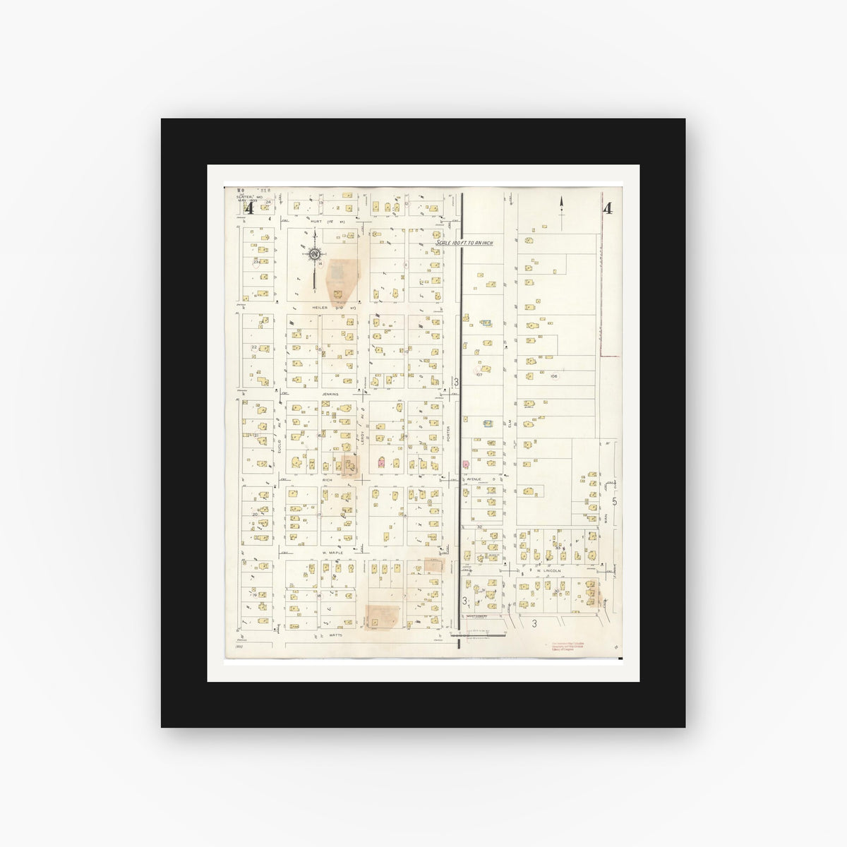 Old map wall art mockup — black gallery frame with white mat — Sanborn Fire Insurance Map from Slater, Saline County, Missouri (1944), Sheet #0004