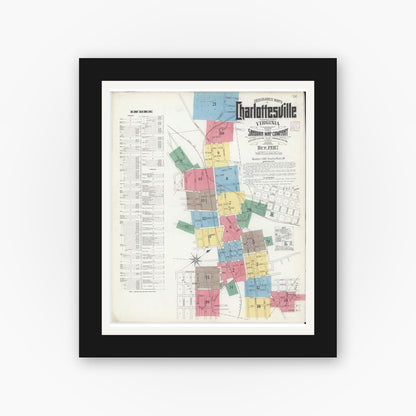Old map wall art mockup — black gallery frame with white mat — Sanborn Fire Insurance Map from Charlottesville, Independent Cities, Virginia (1907) - Complete Map Set