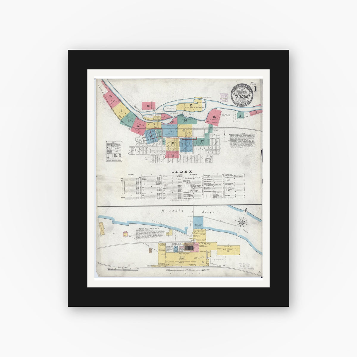 Old map wall art mockup — black gallery frame with white mat — Sanborn Fire Insurance Map from Cloquet, Carlton County, Minnesota (1905), Sheet #0001