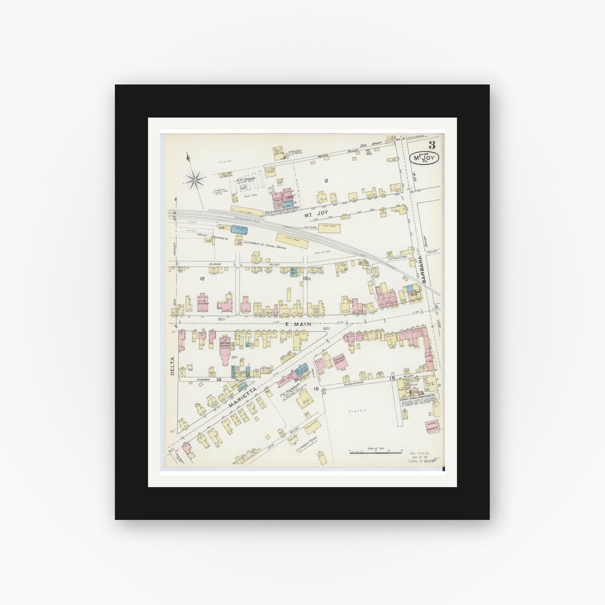 Old map wall art mockup — black gallery frame with white mat — Sanborn Fire Insurance Map from Mount Joy, Lancaster County, Pennsylvania (1891), Sheet #0003