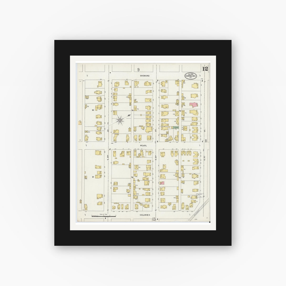 Old map wall art mockup — black gallery frame with white mat — Sanborn Fire Insurance Map from Corning, Steuben County, New York (1898), Sheet #0012