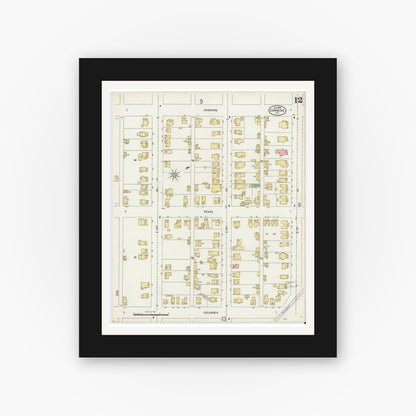 Old map wall art mockup — black gallery frame with white mat — Sanborn Fire Insurance Map from Corning, Steuben County, New York (1898), Sheet #0012