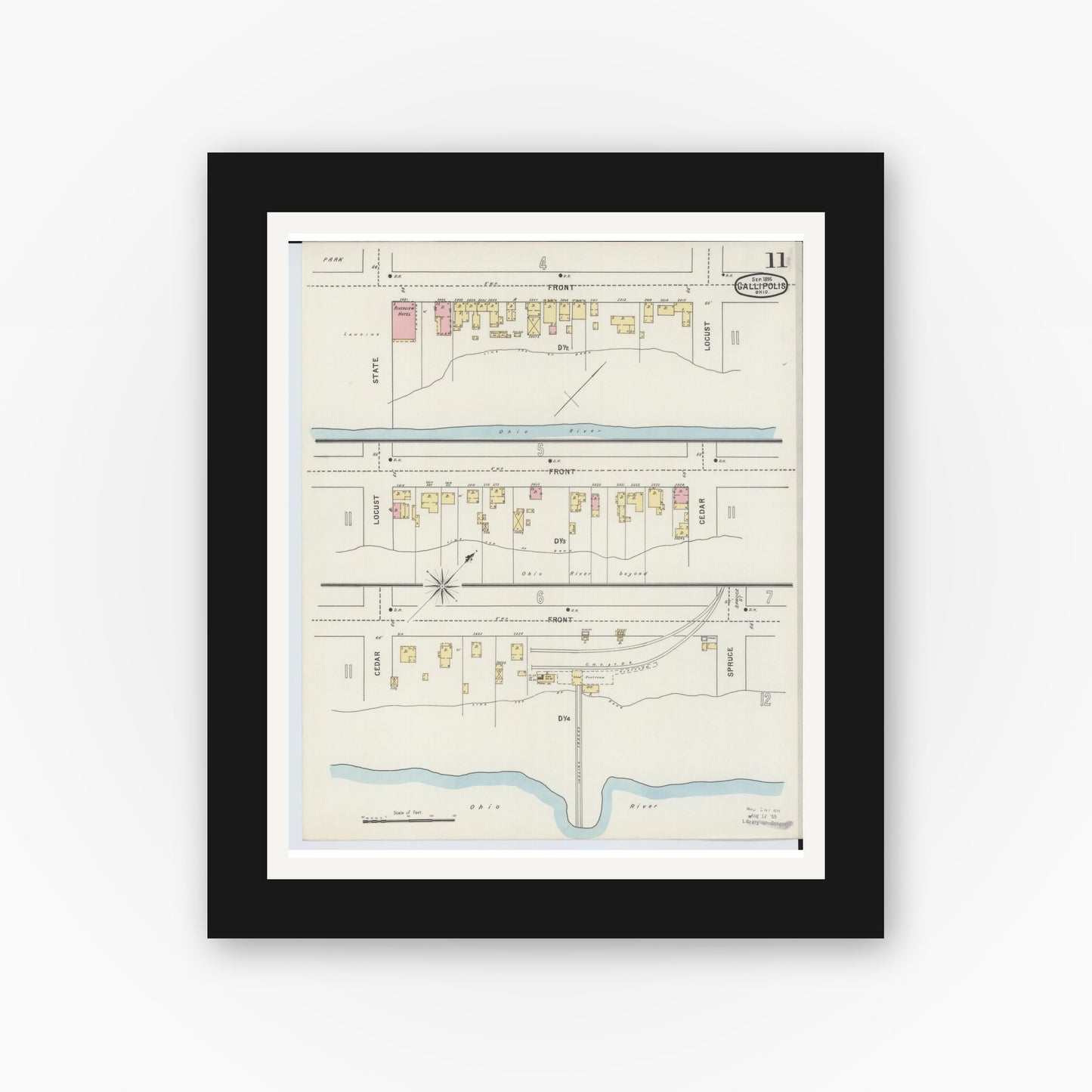 Old map wall art mockup — black gallery frame with white mat — Sanborn Fire Insurance Map from Gallipolis, Gallia County, Ohio (1895), Sheet #0011